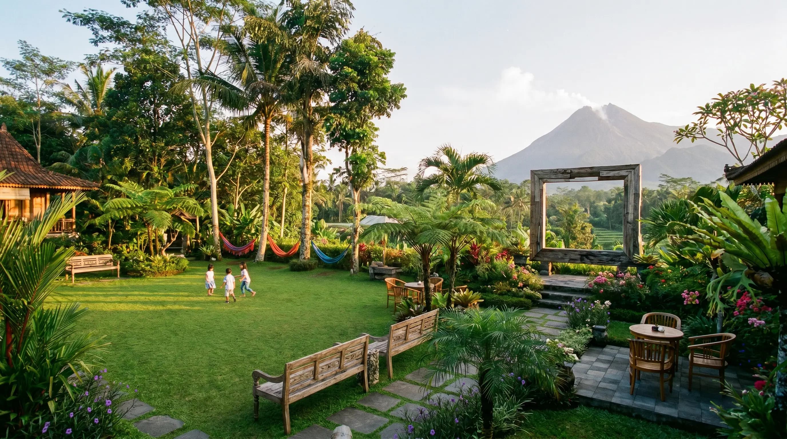 Taman outdoor Omah Merapi dengan area bersantai