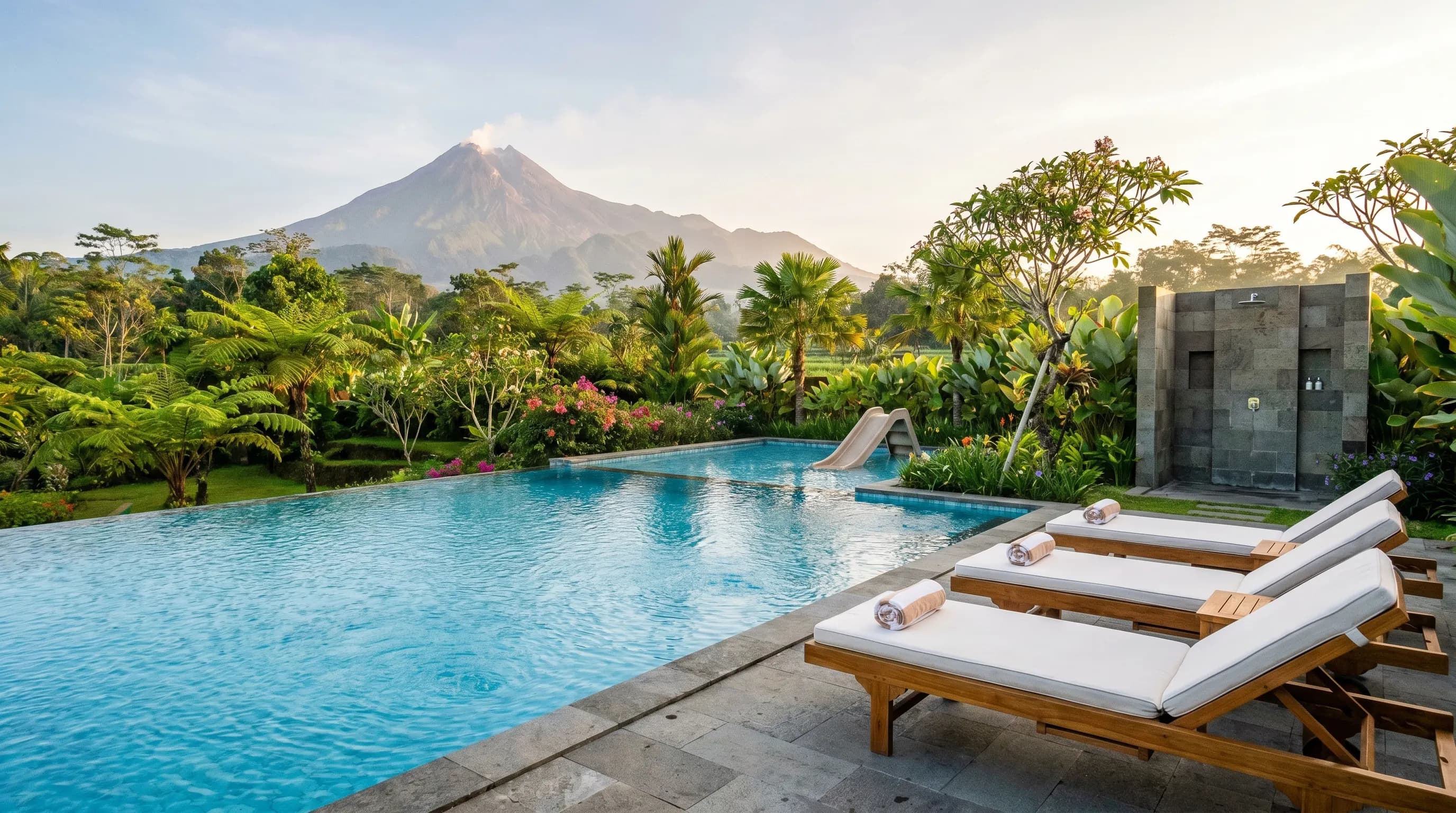 Kolam renang outdoor Omah Merapi dengan view taman