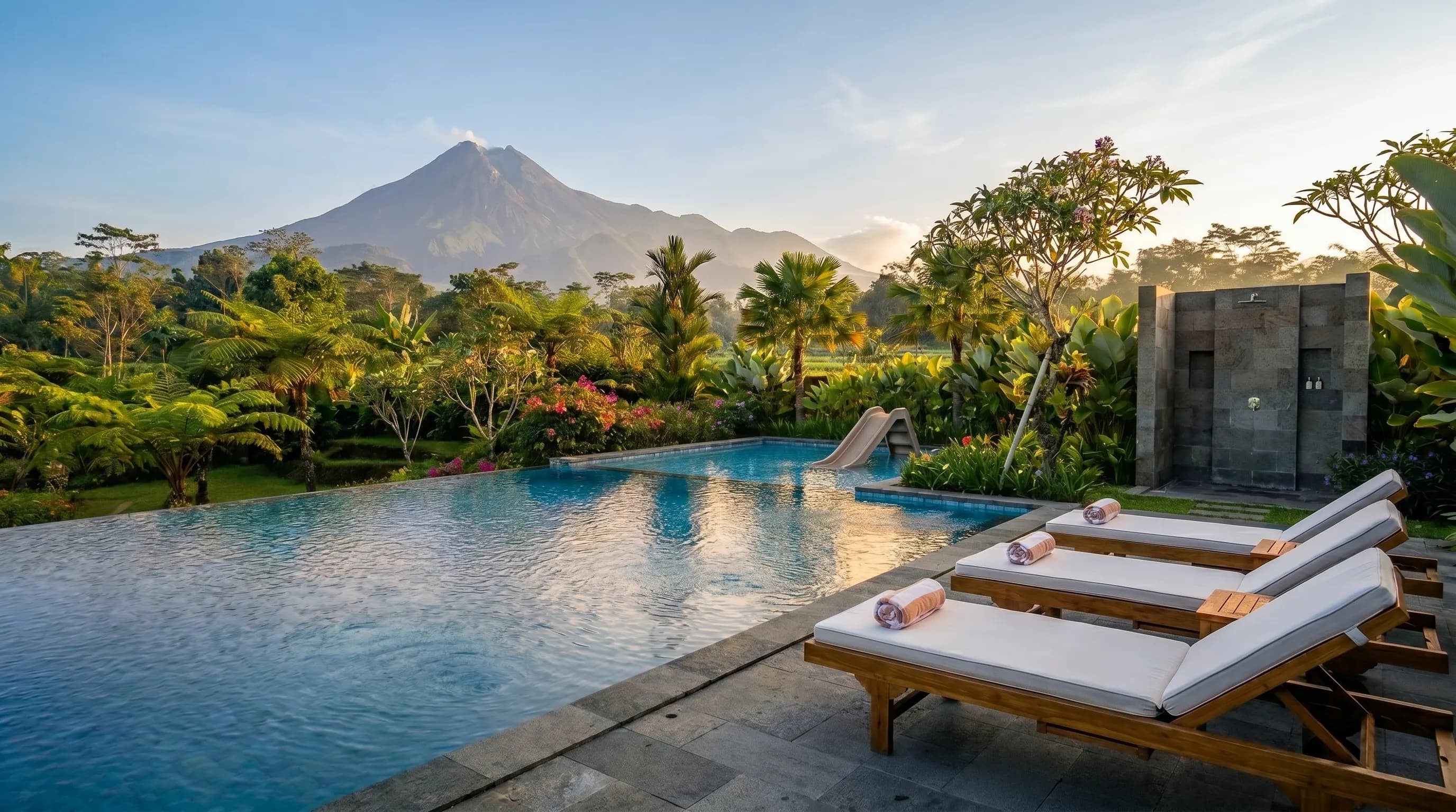 Kolam renang pagi hari dengan kabut pegunungan